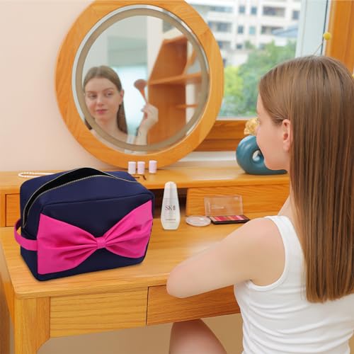 Travel Essentials Large Makeup Bag Fashion Bow Cosmetic Pouch Travel Toiletry Kit Bag for Women (XL,NavyBlue-Bow) - color: NavyBlue-Bow, size: XL