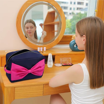 Travel Essentials Large Makeup Bag Fashion Bow Cosmetic Pouch Travel Toiletry Kit Bag for Women (XL,NavyBlue-Bow) - color: NavyBlue-Bow, size: XL