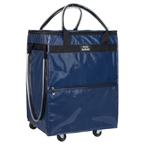 Reusable Grocery Bag on Wheels, (Medium, DK Blue) Rolling Shopping Bags with Wheels and Handle, Folding Rolling Tote Trolley, 3 Pockets and Zipper Cover, Carries Up to 46 LBS - color: Dk Blue, size: Medium