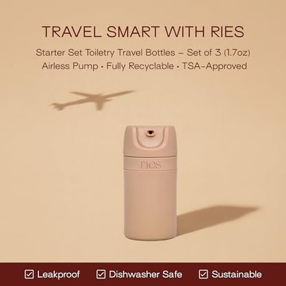 RIES Airless Pump Travel Bottles Set of 3 | TSA Approved Leak Proof Toiletry Containers | 1.7 oz Refillable BPA Free Travel Size Bottles | Shampoo Conditioner | Sand - color: Sand