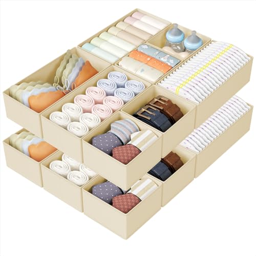 DIMJ Drawer Organizers Clothes, Set of 16 Dresser Organizer Bins, Fabric Closet Organizers and Storage, Shallow Drawer Dividers for Nursery, Clothing, Baby Clothes, Socks, Underwears, Tie (Beige) - color: Beige, size: 16 Pack