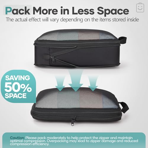 Veken 10 Set Compression Packing Cubes for Travel Essentials,Compressible Expandable Large Luggage Suitcase Organizer Bags for Clothing,Durable Space Saver Storage Bags with Makeup Bag(Black) - color: Black, size: 10 set