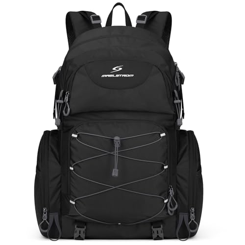 Maelstrom Hiking Backpack, 40L Waterproof Camping Daypack for Men and Women, Lightweight Travel Pack with Rain Cover (Black) - color: Black