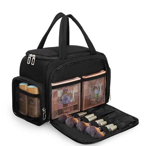 Travel Makeup Bag, Lightweight Wide-open Toiletry Bag for Women, Portable Cosmetic Bag Organizer with Handle for Accessories, Brushes Set, Travel-Sized Container for Trip, Camping - Black - color: Black, size: Large