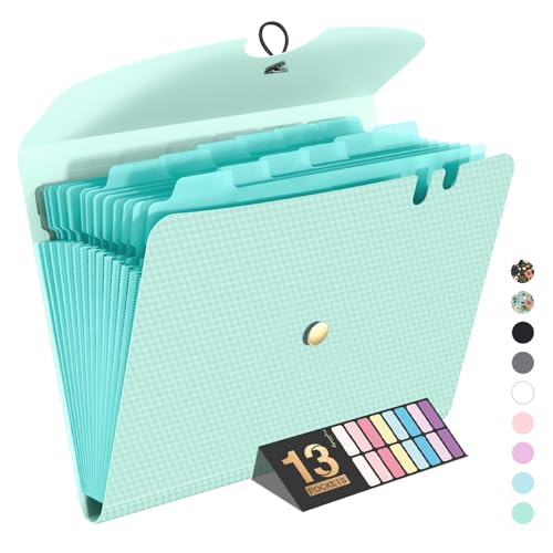 Sooez Expanding File Folder, 13 Pocket Accordion File Organizer, Monthly Expandable File Folder for Documents with Labels, Portable Bill Receipt Organizer for School Office Supplies, Letter A4 Size - color: Green