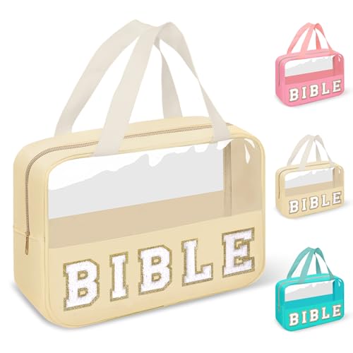 Chenille Letter Bible Bag Cover Case for Women,Preppy Bible Study Supplies Church Bag Purse Bible Accessories with Handle Zipper,Waterpoof Travel Makeup Bag Christmas Christian Gifts(BIBLE-Beige) - color: BIBLE-Beige