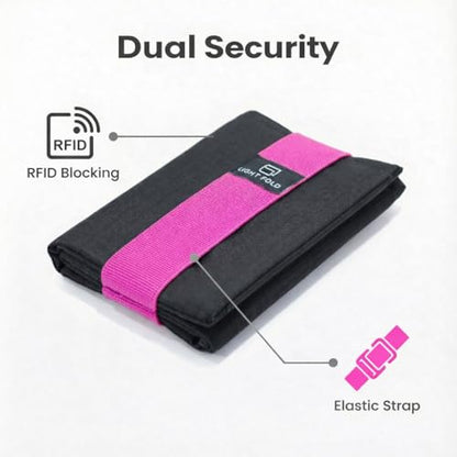 LIGHT FOLD Ultra Slim Tri-Fold Wallet with RFID Blocking, Lightweight Minimalist Men’s Wallet with Elastic Band, Waterproof Durable Nylon Fabric, Slim Front Pocket Card Holder Fits 12 Cards & Cash - color: Pink