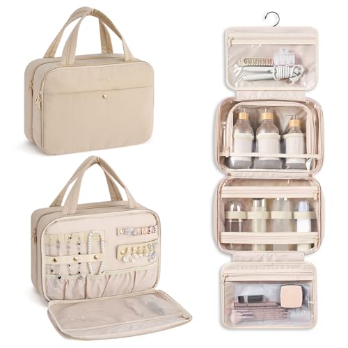 Hanke Hanging Travel Toiletry Bag for Women with Jewelry Organizer Compartment, Travel Essentials Toiletries and Makeup Bag, Water-Resistant & Stain-Resistant with Trolley Strap (Apricot) - color: Apricot