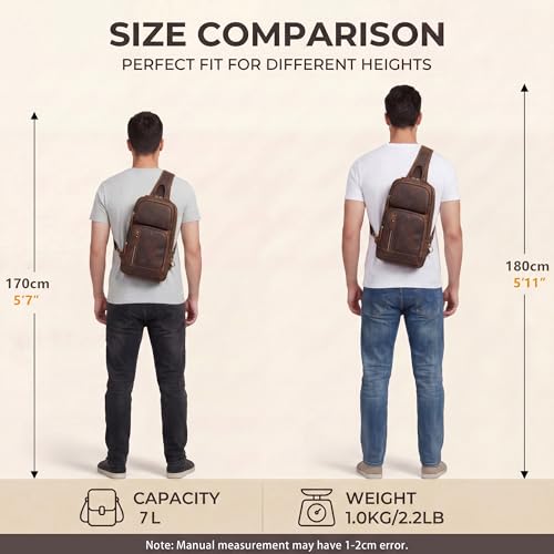 LANNSYNE Full Grain Leather Sling Bag For Men Crossbody Chest Daypack fits 10.5" iPad - color: Brown for 10.5" Ipad