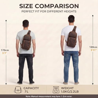 LANNSYNE Full Grain Leather Sling Bag For Men Crossbody Chest Daypack fits 10.5" iPad - color: Brown for 10.5" Ipad