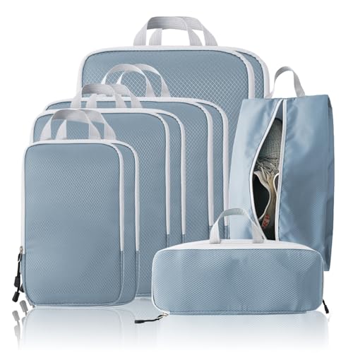 Compression Packing Cubes, 10 Set Packing Cubes for Travel Compression, Lightweight Compressible Package Organizer for Carry On and Suitcases, LakeBlue and Grey - color: LakeBlue and Grey, size: 10 Set