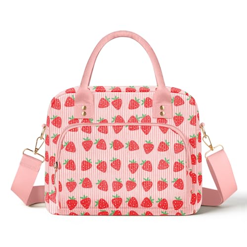 Lunch Bag Large Insulated Lunch Box for Women Adult Cute Pink Strawberry Lunchbox Corduroy Lunch Bags Boxes Pail with Shoulder Strap for Work (Big Red Strawberry) - color: Big Red Strawberry