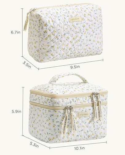 HBselect 2Pcs Travel Makeup Bag, Large Cotton Quilted Makeup Bag Cosmetic Bag Cute Make up Bag Toiletry Bags for Women Girls - color: 2PCS-YELLOWFLOWER