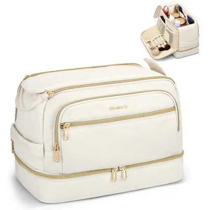 Hanke Travel Toiletry Bag, Lightweight Wide-open Makeup Bag, Dual-Layer Travel Bag for Toiletries Water-Resistant Cosmetic Bags Large Toiletry Bags for Women & Men, Travel Essentials, Off White - color: Off White