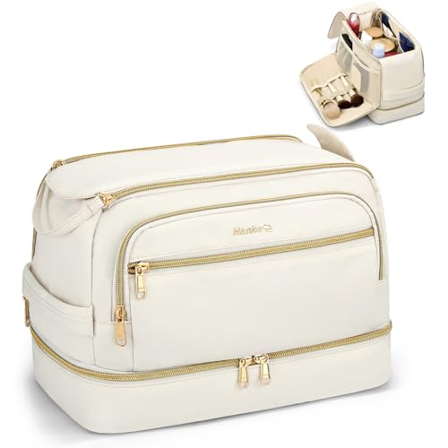 Hanke Travel Toiletry Bag, Lightweight Wide-open Makeup Bag, Dual-Layer Travel Bag for Toiletries Water-Resistant Cosmetic Bags Large Toiletry Bags for Women & Men, Travel Essentials, Off White - color: Off White