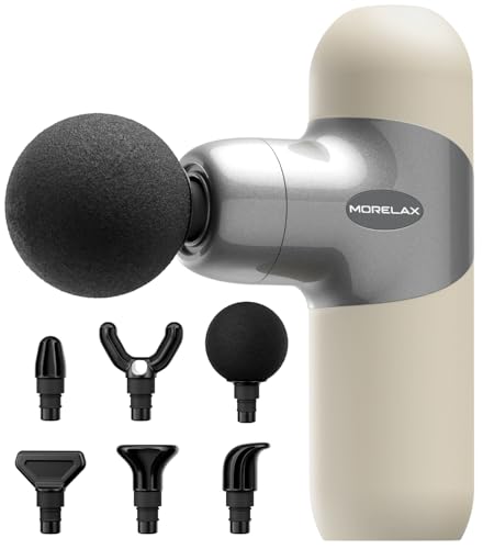 Morelax Mini Massage Gun Deep Tissue, Portable Percussion Muscle Massager for Whole Body Pain Relief, Electric Handheld Sport Massager with 6 Massage Heads 4 Speed, Best Gift (Silver Beige) - color: Silver Beige