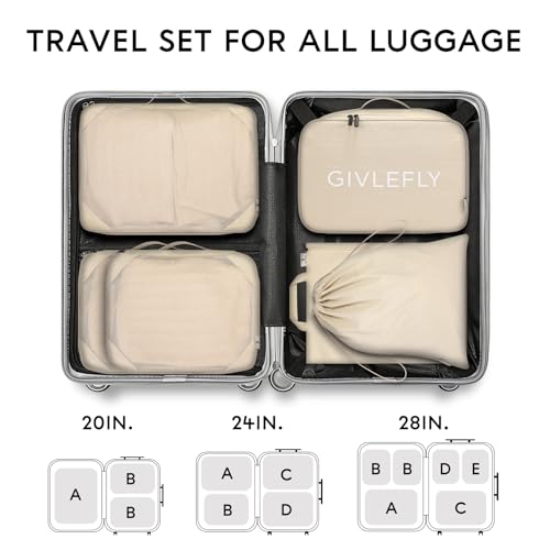 GIVLEFLY Compression Packing Cubes for Travel, 6-Piece Lightweight Luggage Organizer Bags, Space Saving Suitcase Packing Set for Women - color: Beige
