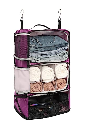 ELEZAY Hanging Packing Cubes Portable Closet 3-Shelf Travel Collapsible Compression Garment Organizer for Carry-on Luggage Suitcase Space Saver Bag X-Large_No Side Pockets, Purple - color: Purple, size: X-Large_12*10*24 IN