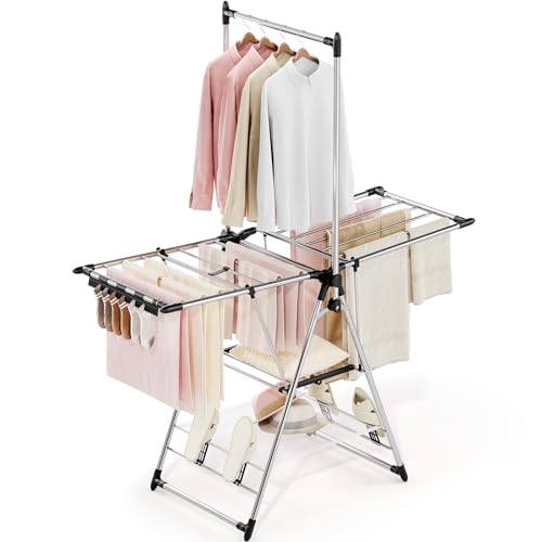APEXCHASER Clothes Drying Rack with High Hanger, Foldable 3-Level Drying Racks with Shoe Rack, Crossbar and Vertical Rod Laundry Stand with Adjustable Wings Silver - color: Silver, size: 2 Wings
