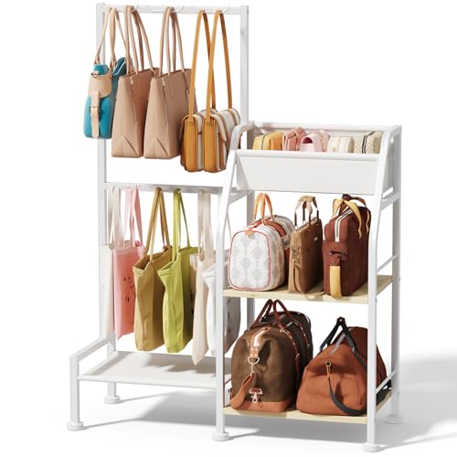 Homsorout Purse Organizer for Women - 3-Tier Storage Stand & 12 Fixed Hooks, Visible Backpack Storage, Space-Saving Bag Organizer Rack for Home, Closet, White - color: White
