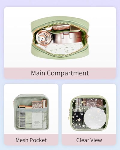 Wandering Nature Clear Makeup Bag for Purse, Mini Make up Bag with Glitter Star Pattern, Cute Cosmetic Pouch for Women with Slip-in Pockets, Travel Toiletry Essentials Vegan Leather Organizer Pouch - color: Green Star