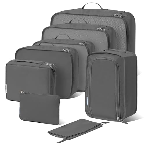 (Not Made In China) Packing Cubes For Travel, Luggage and Suitcase Organizer Bags, Carry On and Backpack Space Savers, Lightweight Waterproof Nylon, 8pc Set, Pewter - color: Pewter, size: Set of 8