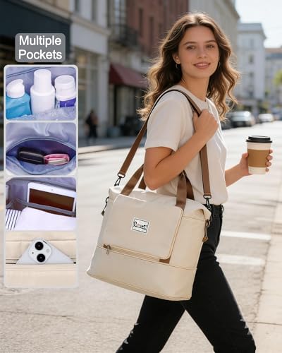 Foldable Travel Duffel Bag for Women, 40L Expandable Carry on Bag Personal Item Flight Approved, Lightweight Water Resistant Overnight Weekender Bag with Wet Pocket for Gym Travel, Beige - color: Beige