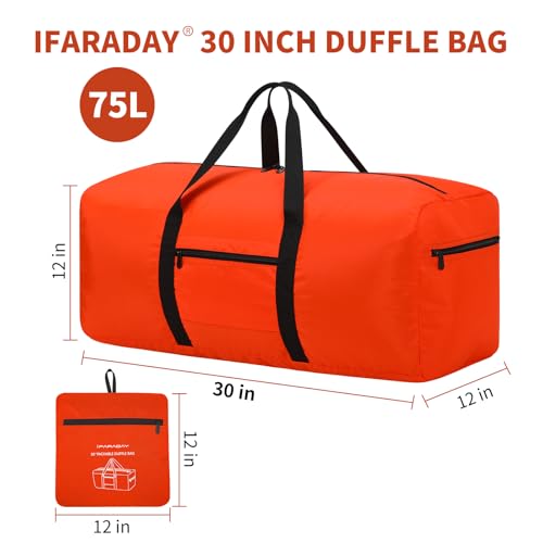 iFARADAY Foldable Duffle Bag for Travel - 75L Large Spare Travel Duffel Bag Lightweight with Trolley Sleeve - Orange - color: Orange-75L(with trolley sleeve)