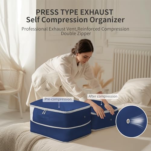 DIMJ Comforter Storage Bag 4 Pack - Blanket Storage Organizer Compression Bags, Large Capacity Ultra Space Saving Self Compression Organize for Bedding, Pillow, Duvet, Sheet Storage with Zipper Window - color: Navy Blue, size: 66L x 4 Pack