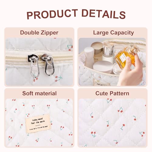 GISMTR 3Pcs Cotton Quilted Makeup Bag Large Travel Cosmetic Bag Coquette Makeup Pouch Cute Aesthetic Floral Toiletry Bag for Women Girls (cherry-B) - color: cherry-B