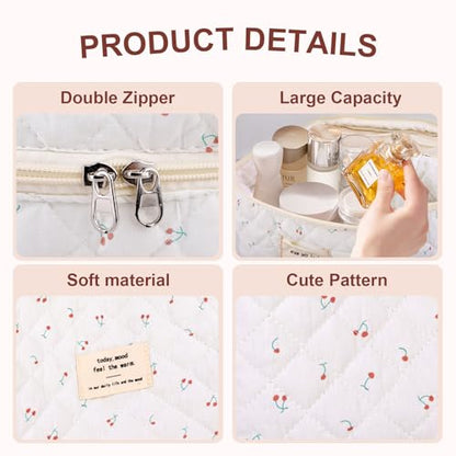 GISMTR 3Pcs Cotton Quilted Makeup Bag Large Travel Cosmetic Bag Coquette Makeup Pouch Cute Aesthetic Floral Toiletry Bag for Women Girls (cherry-B) - color: cherry-B