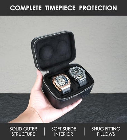 2 Watch Travel box Real Top-grain Leather Two Watch Roll Case for Man and Women Watches Packing Box Storage Organizer with Black Suede to Protection Zipper Fit All Watches Up to 60mm (2W-Z-BB) - color: 2W-Z-BBL