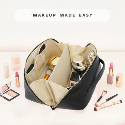 Travel Makeup Bag – Large Cosmetic Organizer with Waterproof PU Leather, Smooth Double Zipper & Tear-Resistant Lining, Toiletry Pouch for Women (Black) - color: 01-Black