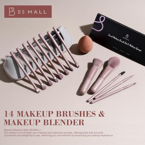 BS-MALL 14 Pcs Makeup Brushes Set with 1 Pcs Makeup Sponge – Essential Foundation Powder Concealers, Eye Shadows, Blush Makeup Brushes with Travel Makeup Case (Brown) - color: Brown
