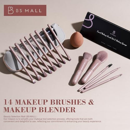BS-MALL 14 Pcs Makeup Brushes Set with 1 Pcs Makeup Sponge – Essential Foundation Powder Concealers, Eye Shadows, Blush Makeup Brushes with Travel Makeup Case (Brown) - color: Brown