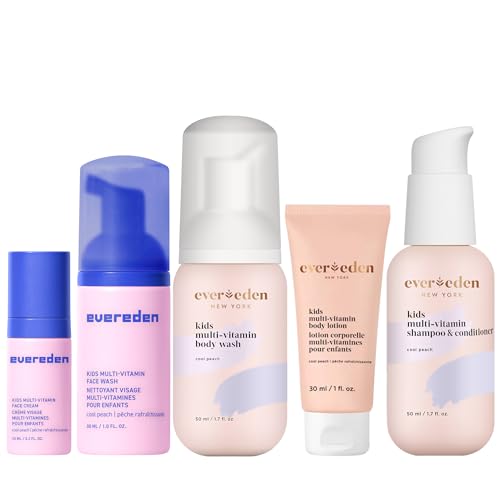 Evereden Kids Travel Essentials Set: Clean & Vegan 5-Piece Skin Care Travel Set for Kids | Body Wash, Lotion, Face Wash, Cream, 2-in-1 Shampoo & Conditioner | TSA-approved | Travel Size Toiletries