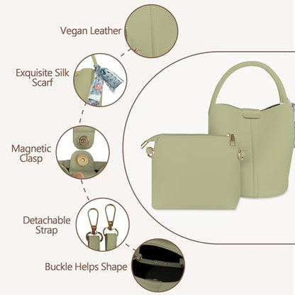 Vegan Leather Bucket Bag for Women Crossbody Bucket Purse with Removable Fashion Bucket Handbag - color: Green