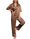Ekouaer Silk Satin Pajamas Set Women Short Sleeve Pj Sets Button Down Sleepwear 2 Piece Soft Loungewear S-XXL - color: Brown, size: Large