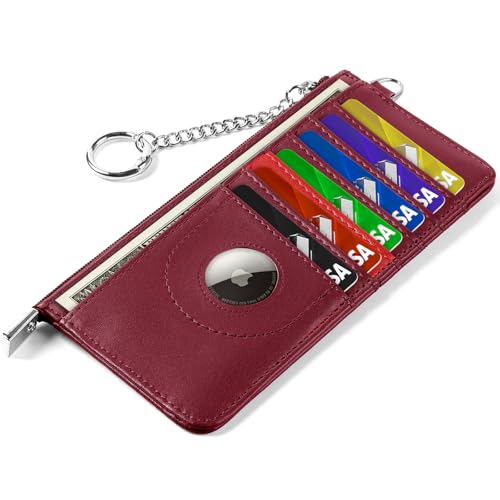 RFID Blocking Slim Credit Card Holder Wallet with Zipper Money Pocket & Keychain, Slim Airtag Wallet for Men Women - color: Cowhide Burgundy
