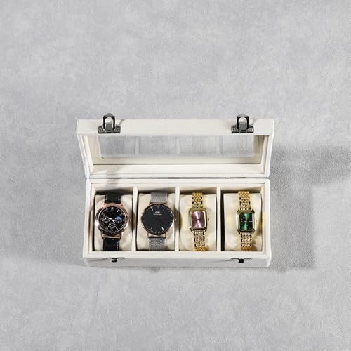 Frebeauty 4-Slot Watch Box,Velvet Watch Case with Glass Lid,Watch Organizer Box for Men and Women,Lockable Watch Storage,Watch Display Case,Ideal Gift(Beige) - color: Beige, size: 4 Slots