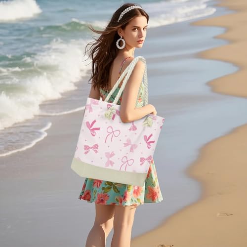 Fokongna Tote Bag For Women, Beach Bag Best Friend Travel Birthday Gifts, Travel Parties Vacation Shopping Essentials - color: Pastel Pink Bows
