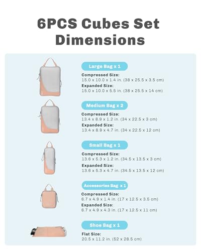 Hynes Eagle 6 Set/ 4 Set/ 2 Set Compression Packing Cubes Travel Essentials Lightweight Nylon Luggage Suitcase Organizer Bag Light Pink 6PCS - color: Light Pink-6 PCS