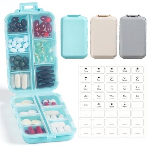 3 Pack, 14 GRIDS Travel Pill Organizer Box with Labels - Travel Medicine Case Kit - Pocket Daily Pharmacy Container - Travel Medication Holder Dispenser for Fish Oil Vitamin Supplement Storage - color: Khaki+blue+grey, size: with White Labels