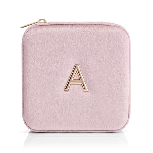VLANDO Small Travel Jewelry Box Organizer Display Case for Rings Earrings Necklaces Storage, Selected Soft Velvet, Letter A Engraved, Pink - color: b. Powder Pink A