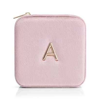 VLANDO Small Travel Jewelry Box Organizer Display Case for Rings Earrings Necklaces Storage, Selected Soft Velvet, Letter A Engraved, Pink - color: b. Powder Pink A