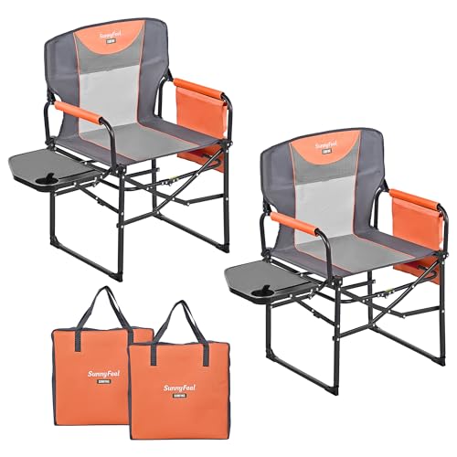 SUNNYFEEL Camping Directors Chair, Heavy Duty,Oversized Portable Folding Chair with Side Table, Pocket for Beach, Fishing,Trip,Picnic,Lawn,Concert Outdoor Foldable Camp Chairs - color: Orange-2set