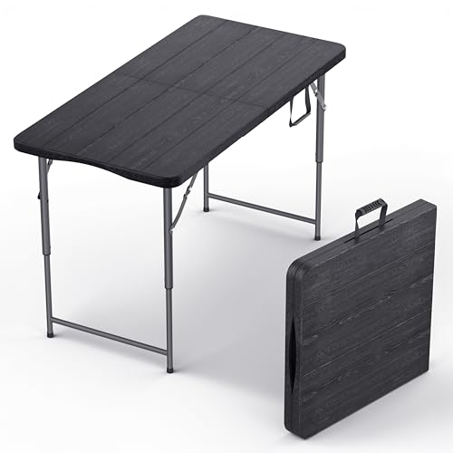 4 Feet Foldable Table Adjustable Height with Built in Handle, Steel Legs | 4FT Heavy Duty Portable | Perfect for Party Dining Wedding Events Picnic Indoor Outdoor Camping Utility Folding - 4 Foot - color: Black, size: 4 FT