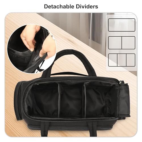 Travel Toiletry Bag for Women, Lightweight Wide-open Toiletries Travel Bag with Handle, Large Cosmetic Organizer with Makeup Brushes Compartment for Essentials for Trip, Camping - Black