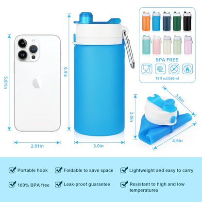 PLTCAT Collapsible Water Bottle, 19oz Foldable Bottle BPA Free Reusable Lightweight Leak-Proof Travel Silicone Water Bottle for Travel, Gym, Hiking, Office, Camping - color: Blue