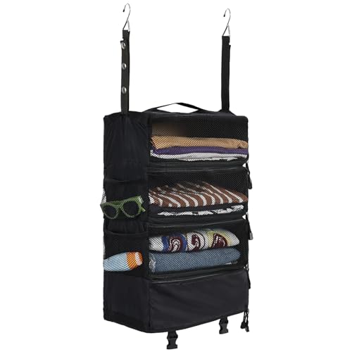 Surblue Travel Hanging Luggage Organizer Portable Suitcase Closet Organizer Multiple Compartments Collapsible Compression Packing Cubes Shelf, Black, M - color: Black, size: M_14.5×7×22.5in